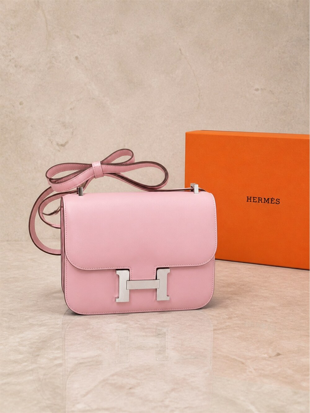 Hermes Rose Sakura Calfskin Shoulder Bag | Constance 24